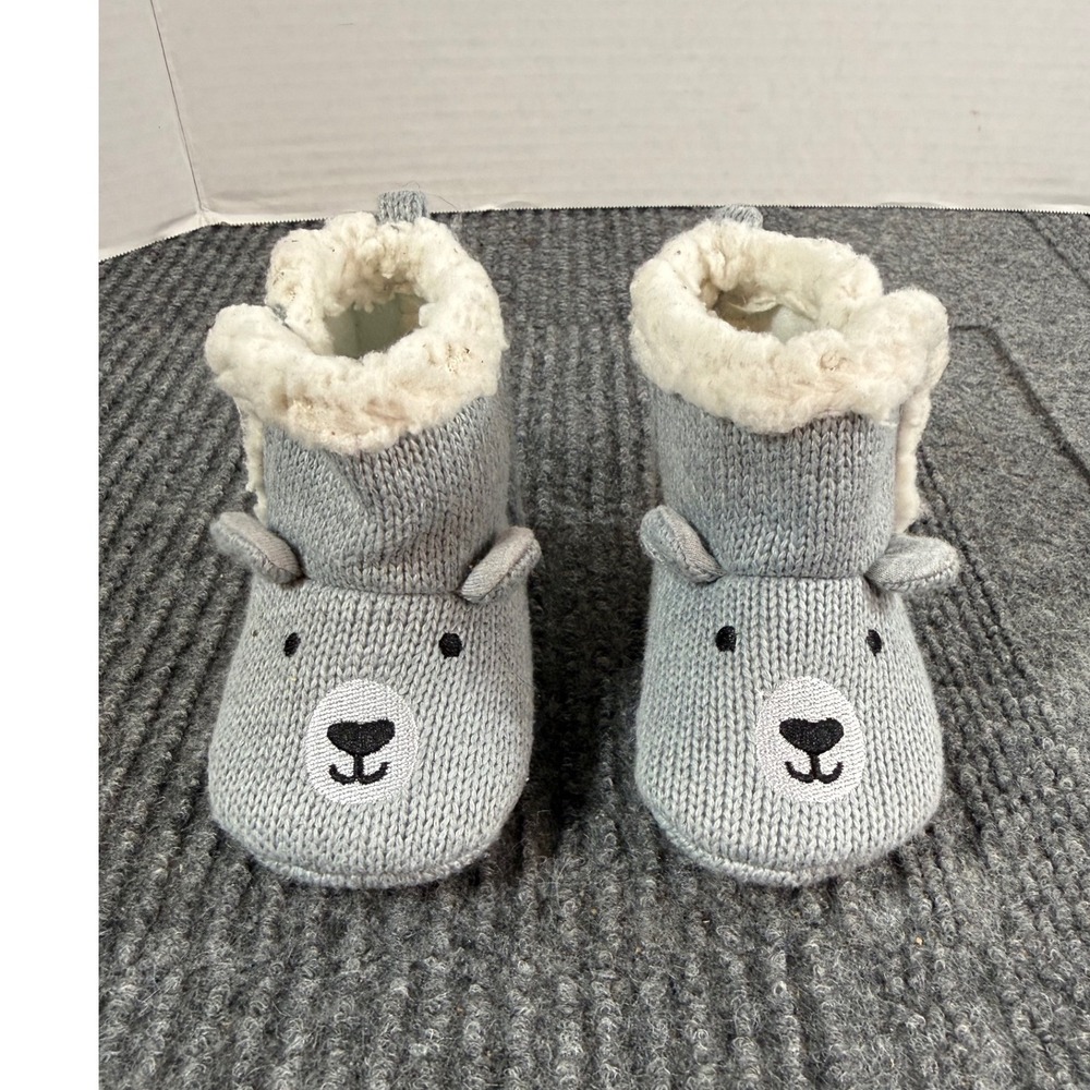 Just One You by Carters Baby Bear Knit Booties Grey Faux Shearling 0-3M